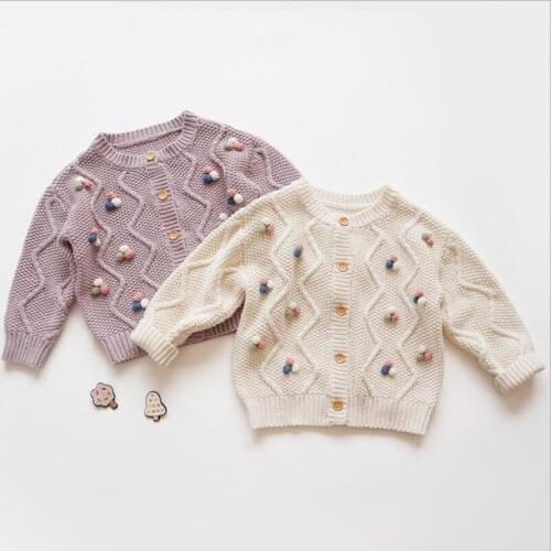 Adorable pompom design girls sweater fall winter warm cotton knitted long sleeve kids cardigans for girls tops children outwear