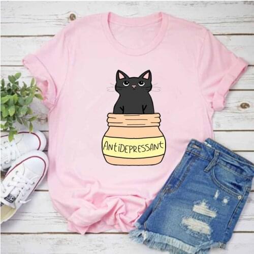 Mayos Womens Original Plus Size Womens T-shirt 2020 Cotton O-Neck Medicine Can Cat Print T-shirt Women