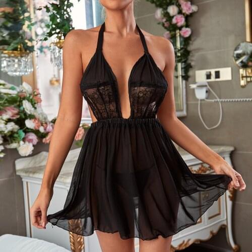 Sexy Backless Nightie Sleepwear Womens Nightgown Halter V-neck Lace Night Dress See Through Lace Sexy Lingerie Femme Nightwear