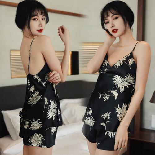 Pajamas for Woman Silk Sexy Pijamas Women Satin Pyjama Femme Flowers Print V-Neck Home Suit Girls Summer Sleepwear Set