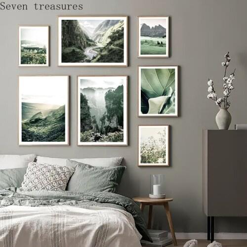 Green Mountain Forest Leaf Poster Nature Landscape Canvas Print Nordic Art Painting Wall PhotographyPicture Bedroom Home Decor
