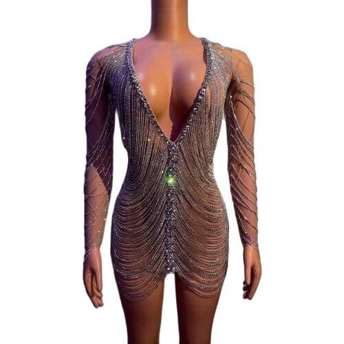 Low-cut Outfit Rhinestone Dress Drill Chain Dress for Club Electric Syllable DJ Women Party Stage Showgirl Backless Sheath Dress