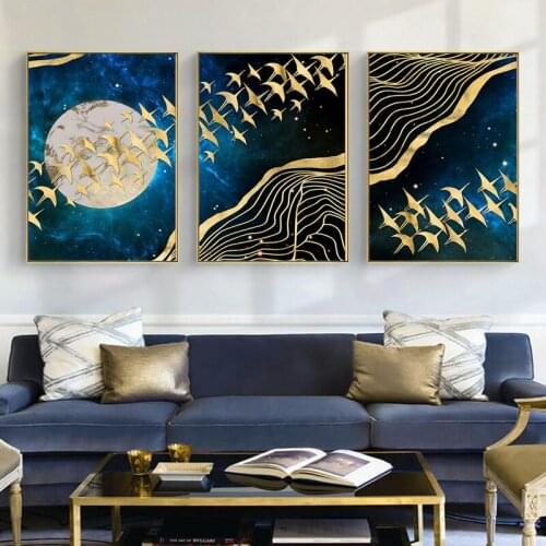 Nordic Poster Wall Art Canvas Painting Abstract Moon Blue Shine Golden Mountain Bird Star River Living Room Home Wall Decoration