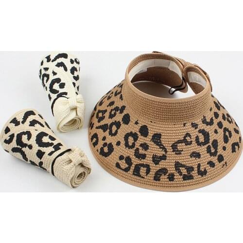 Fashion Leopard Women Summer Visors Hat Foldable Sun Hat Wide Large Brim Beach Hats Straw Hat Chapeau Femme Beach Anti-UV Caps