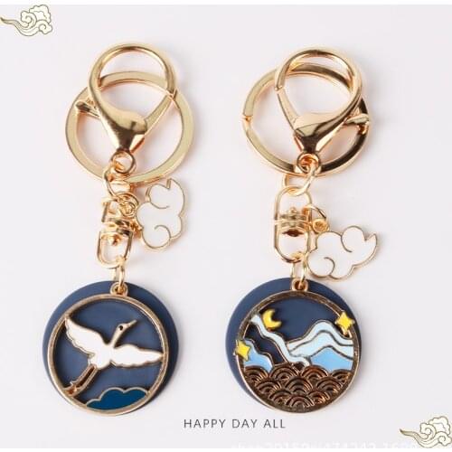Ancient Vintage Dripping Oil Crane Keychain Animal Car Key Ring Holder Clouds Pendant Key Chain Bag Charms Jewelry Wholesale