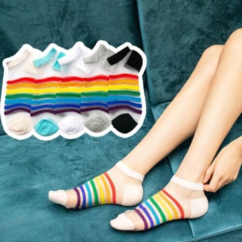 Japanese Style Women Glass Fiber Boat Socks Rainbow Stripes Patchwork Transparent Mesh Low Cut Ultra Thin Short Hosiery
