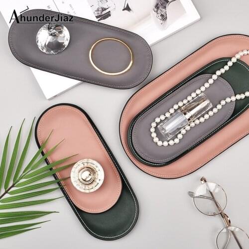 Nordic Iron Laminated Oval Storage Tray Creative Geometric Leather Metal Decorative Trays Jewelry Display Plates Home Decor