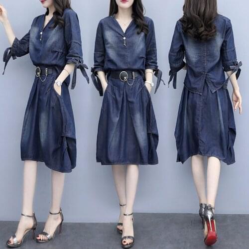 Vintage Denim Clothing Plus Size Womens Set 2020 Spring Summer New Half Sleeve Denim Shirt Irregular Skirt Two Piece Sets R342