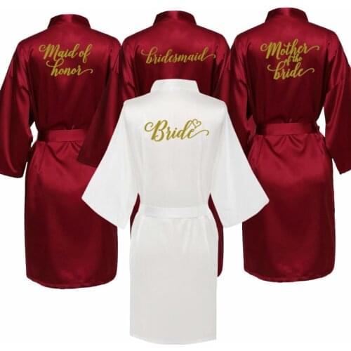 New Burgundy robe gold writing mother of the groom robes wedding Short Bride kimono bridesmaid satin robe drop shipping