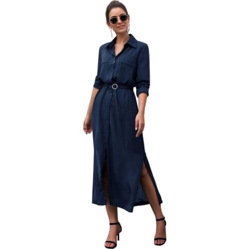 Summer Solid Color Long Sleeve Single Breasted Women Dress Elegant Turn Down Collar Plus Size Ladies Office Streetwear Dresses