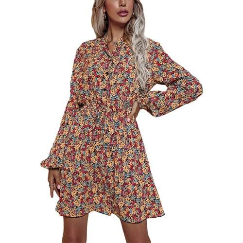Womens Autumn New High-waist Lace-up Floral Chiffon Dress Boho Ladies Long Pull Sleeve Stand-up Collar Short Dress Femme 2021