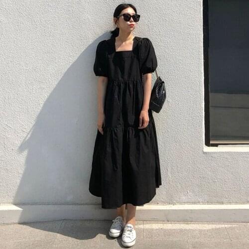 2021 New Summer Dress Square Neck Bubble Sleeve A-line Fold Female Elegant Large Size Dresses Fashion Tide E467