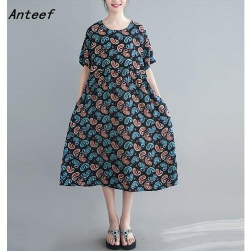 Short sleeve cotton linen vintage floral dresses for women casual loose long woman summer dress elegant clothes 2021