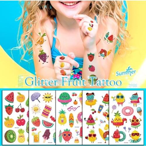 1 Sheet glaryyears Boy Girl Children Glitter Shiny Fruits Vegetables Tattoo Cartoon Temporary Tattoo Sticker for Body Art