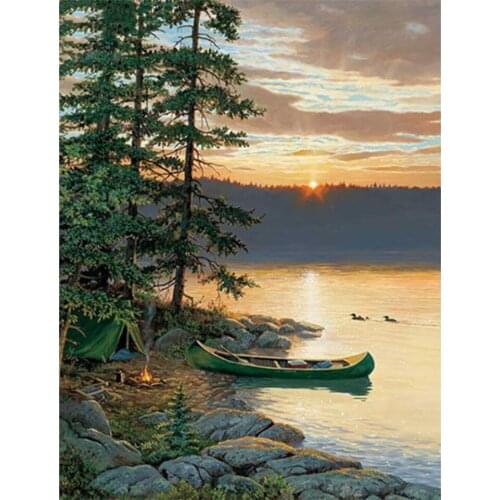 5D DIY Diamond Painting By Number Full Square Landscape Sunset Needlework Diamond Embroidery River Boat Mosaic Sale Home Decor