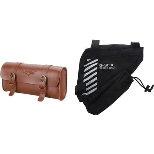 B-SOUL 2 Pcs Bicycle Bag: 1 Pcs Tail Bag Saddle Pouch Bike Bag Brown & 1 Pcs Bike Triangle-Bag Front Frame Bag Black