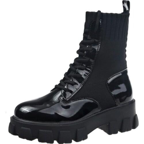 Women Boots Fashion Sock Patent Leather Black Booties Shoes Platform Flat Motorcycle Knitting Boots Women