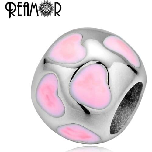 REAMOR 316l Stainless Steel Pink Light Blue Love Heart Spacer Beads Fit European Women Bracelets DIY Jewelry Making Findings