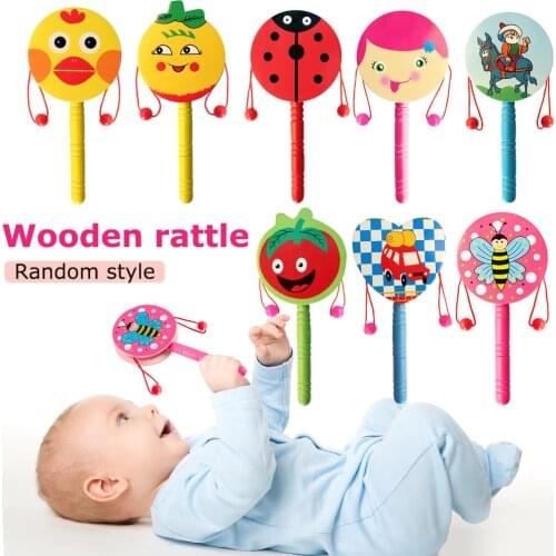 1PCS Baby Cartoon Handbell Wooden Rattle Drum Musical Shaker Toddler Toys Random