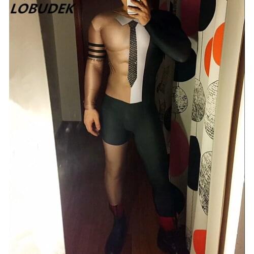 Nightclub Male Singer Stage Dance Elastic Leotard Personality Printed Skinny Jumpsuit Acrobatic Costume Bar Party Dance Costume
