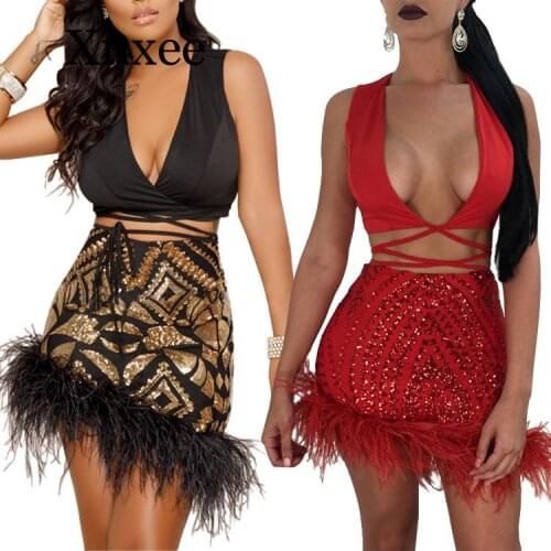 Women Sexy Party Sequin Two Piece Sets V-Neck Sleeveless Bandage Top and Feather Mini Skirts Bling Noble African deep V neck