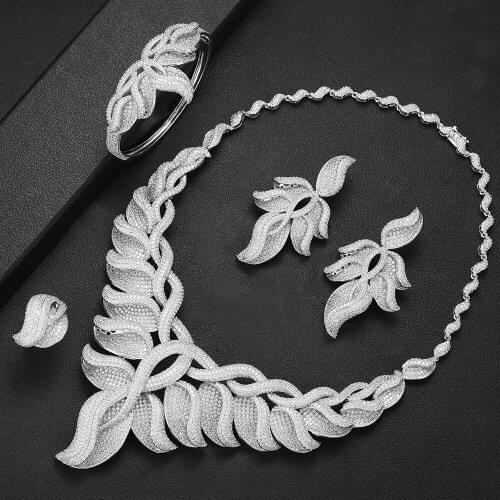 LARRAURI Trendy Cubic Zirconia Leaves Statement Gorgeous Jewelry Sets for Women Dubai Bridal Wedding Engagement Jewelry Sets