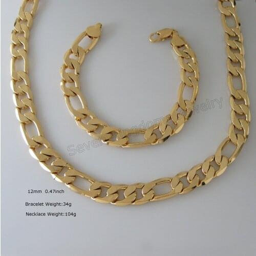 Min order 1 piece - YELLOW GOLD GP SUPER HEAVY 104g / 34g AND BIG WIDTH FIGARO LINK CHAIN 24" NECKLACE & 8.7" BRACELET SET