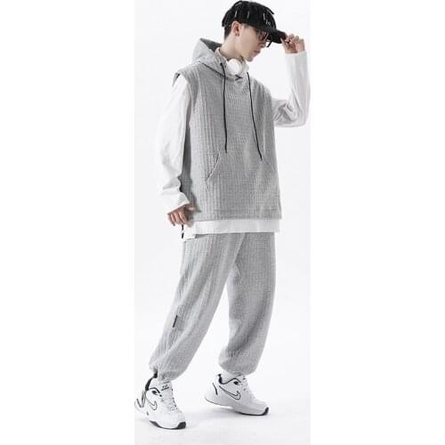 Autumn Harajuku Waffle Set Men Suit Solid Hoodie and Pant Workout Jogging Casual 2 Pieces Set Male Tracksuit Oversized Clothes