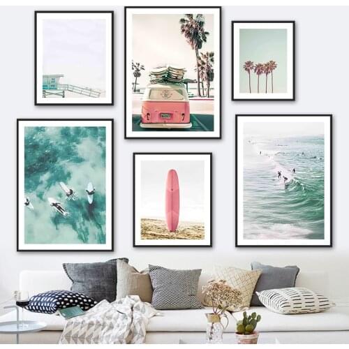 Tropical Sea Beach Palm Surfboard Car Sky Wall Art Canvas Painting Nordic Posters And Prints Wall Pictures For Living Room Decor