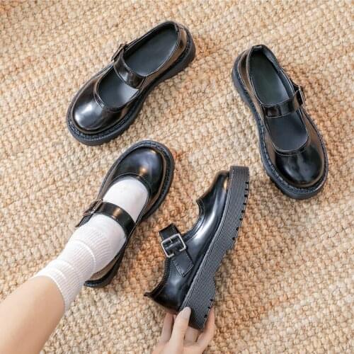 Lolita Shoes Flat on Platform Shoes Women Mary Janes Shoes Black Leather Shoes Buckle Low Heels Girls Shoes Spring Autumn 8644G