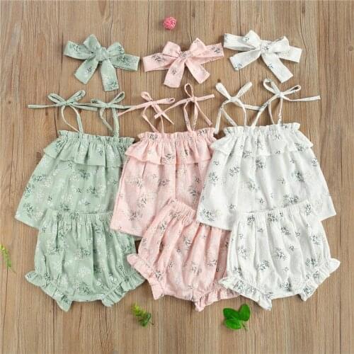 0-24M Infant Girls Clothing Summer Newborn Baby Girls Ruffled Elastic Floral Bandgae Tops+PP Shorts+ Headband 3Pcs Cotton Sets