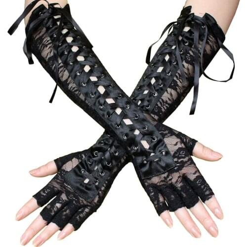 Gothic Sexy Lace Up Gloves For Women Lolita Cosplay Wristband Black White Medieval Steampunk Wedding Ball Gloves Accessory