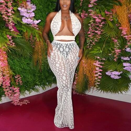 Sexy Transparent 2 Pieces Sets Womens Outfits Summer Wide Leg Pants & Crop Tops Backless High Waisted Fashion Evening Club Sets