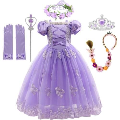Disney Rapunzel Princess Dress Girls Fancy Lace Embroidery Puff Sleeve Children Clothes Halloween Party Cosplay Costume for Kids