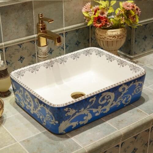 Rectangular Counter Top Wash Basin Cloakroom Hand Painted Vessel Sink bathroom sinks silver counter washbasin