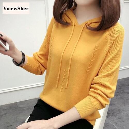 VmewSher Hooded Pullover Knitted Sweater Women Solid Knitwear Long Sleeve Spring Autumn New Soft Office Lady Elegant Top