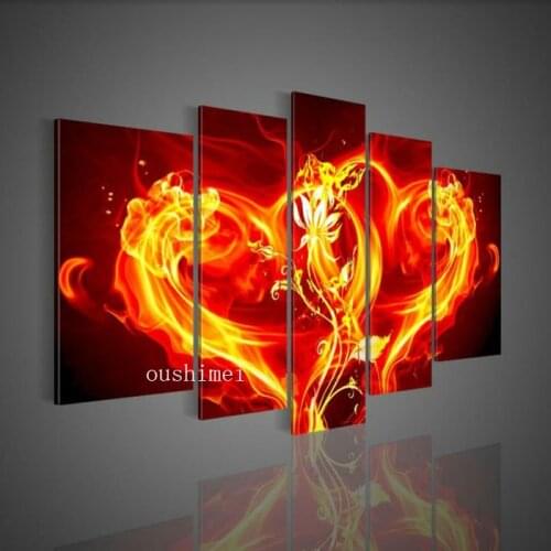 Handpainted 5 Piece Red Flame Modern Abstract Love Model Picture Oil Paintings Canvas Heart For Living Room Home Decoration