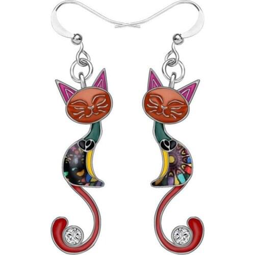 Multicolored Floral Cats Art Dangle Posts Earrings Cat with Crystal Earrings Animals Painting Jewelry for Women Mother Gift