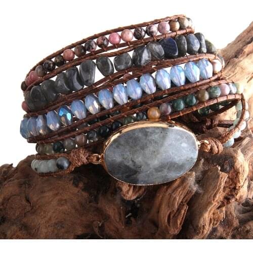 RH Fashion Handma Bohemian Jewelry Purple & Gray Natural Stones Charm 5 Strands Wrap Bracelets Boho Armbander DropShip