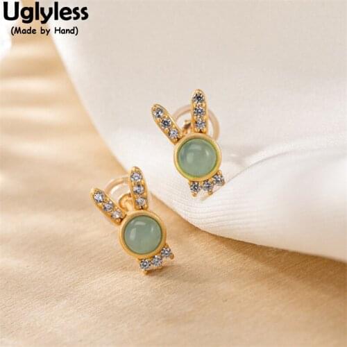 Uglyless Lovely Bunny Rabbit Studs Earrings MINI Animals Jewelry Crystals Emerald Brincos Bijoux YEAH Earrings Gold 925 Silver