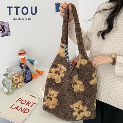 Plush Shoulder Bags For Women Simple Fashion Warm Fabric Large Capacity Shopping Bag Soft Canvas Tote Ladies Cute Bear Handbags