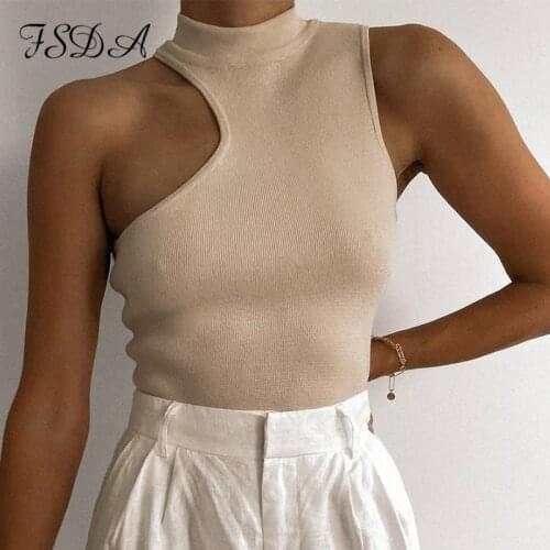 FSDA 2021 Turtleneck Crop Top Knitted Women Brown Casual Summer Basic T Shirts Y2K Sexy Off Shoulder Black Sleeveless Tank Tops