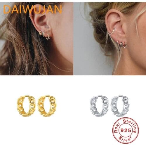 DAIWUJAN INS Vintage Geometric Round 925 Sterling Silver Earrings for Women Minimalist Gold Chain Hoop Earring Pendientes Mujer