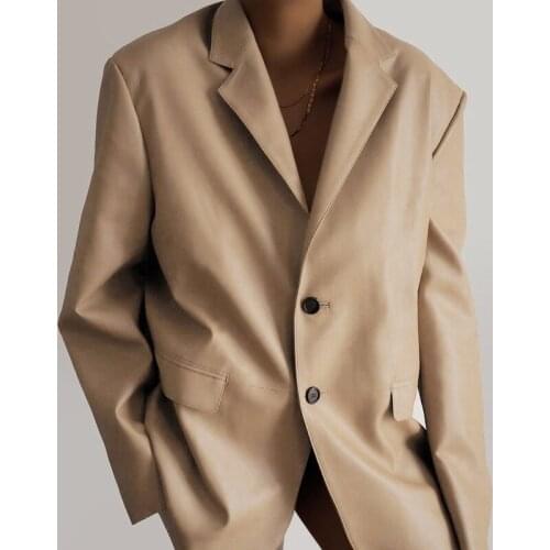 Women y2k pu leather suit coat 2021 new fashion female notched long sleeve khaki black single breasted blazer suit jacket coat