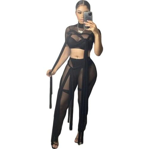 Women Sexy Ribbon Lace Sheer Mesh Two Piece Set Short Sleeve Crop Top Pencil Pants Fashion Summer Night Club Suits