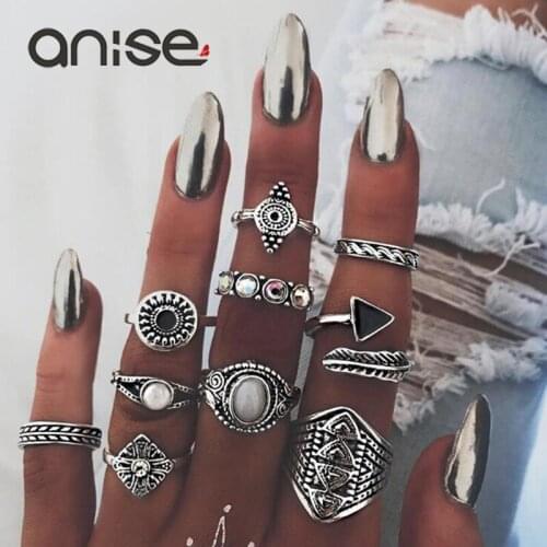 Anise Vintage Crystal Opal Leaf Midi Rings Set For Woman Bohemian Silver Color Knuckle Party Ring Girl Punk Jewelry 10 pcs/set