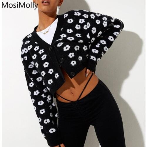 MosiMolly 2021 Jacquard Sweater Cardigan Women Cropped Jumper Pullovers 2021 AW Knit Coats Black Floral Sweater