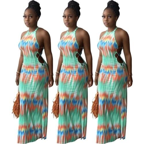 Adogirl 2020 Summer Women Long Dress Tie-dye Stripe Print Halter Sleeveless Dress Sexy Slim Bohemian Party Club Beach Dress