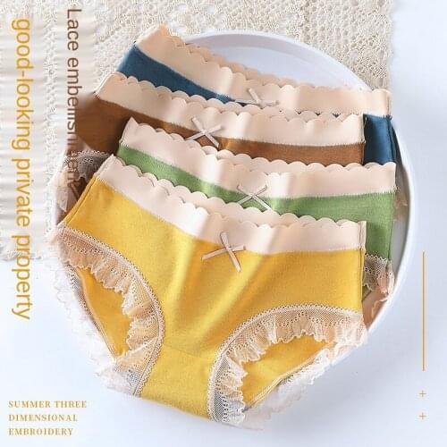 Womens Cotton Underwear Panties Sexy Lace Panties Fashion Comfort Bow Briefs Mid Waist Seamless Underpants Female Lingerie