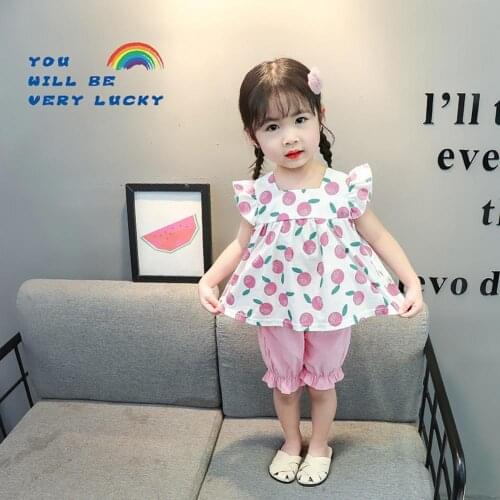 2Pcs/Set Girls Clothing Suit Casual Thin Summer Flare Sleeve Tops Elastic Pants Kit Kid Breathable Clothing with Fruit Pattern